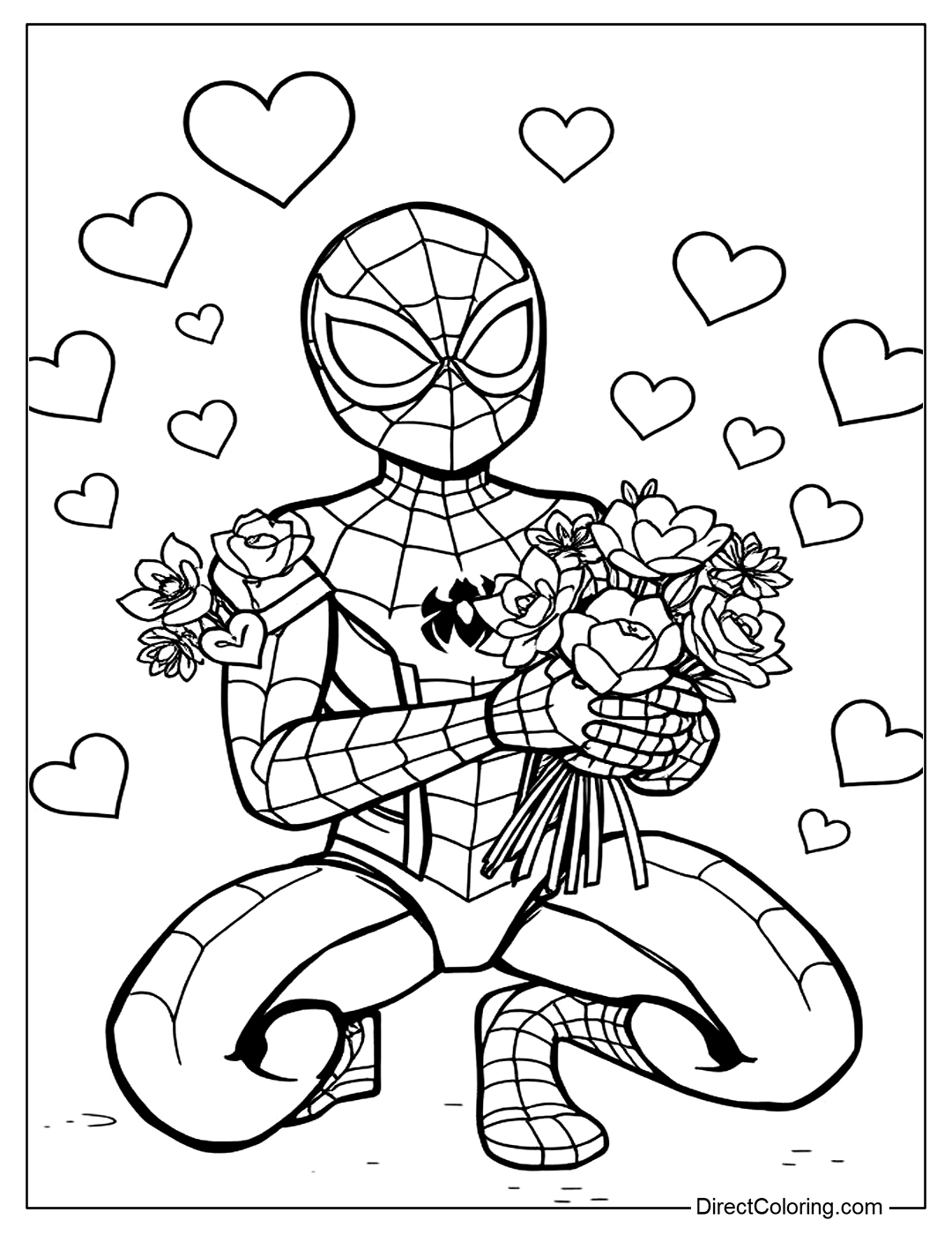 Spider Man Holding a Bouquet of Flowers Coloring